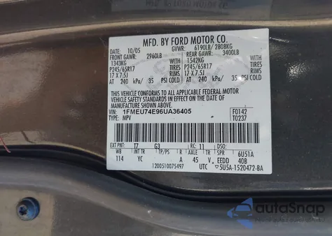 2006 Ford Explorer Eddie Bauer из США, поврежденный, VIN 1FMEU74E96UA36405